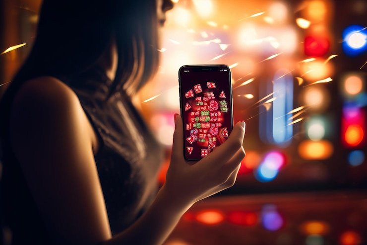 Slot game dengan tema neon merah yang menarik di layar perangkat